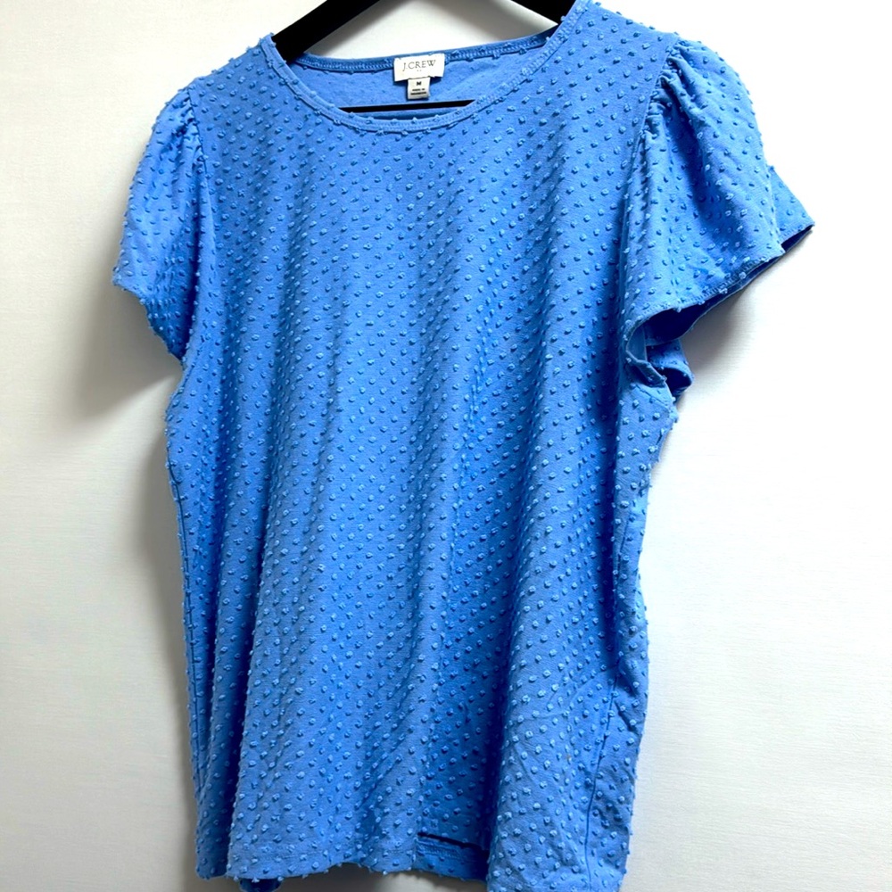 J.Crew Light Blue Polka Dot Textured Top Flutter Sleeves Crew Neck Women’s Med.